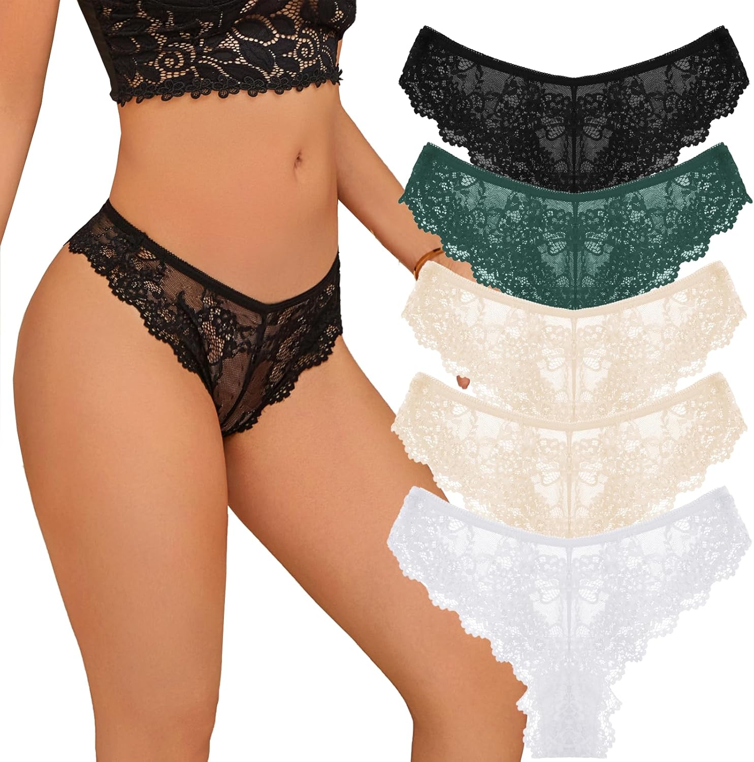 Sexy Womens Lace Thongs Low Waist Bikini Panties Breathable Floral Ladies Underwear 5 Pack