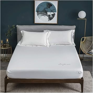 PAHION 100% Long Staple Cotton Fitted Bed Sheets Luxury Soft Sateen Weave Bottom Bedsheets Single Double King Bed Linen with 33cm Extra Deep Pockets Easy Care Color White, Size 180x200+33 cm