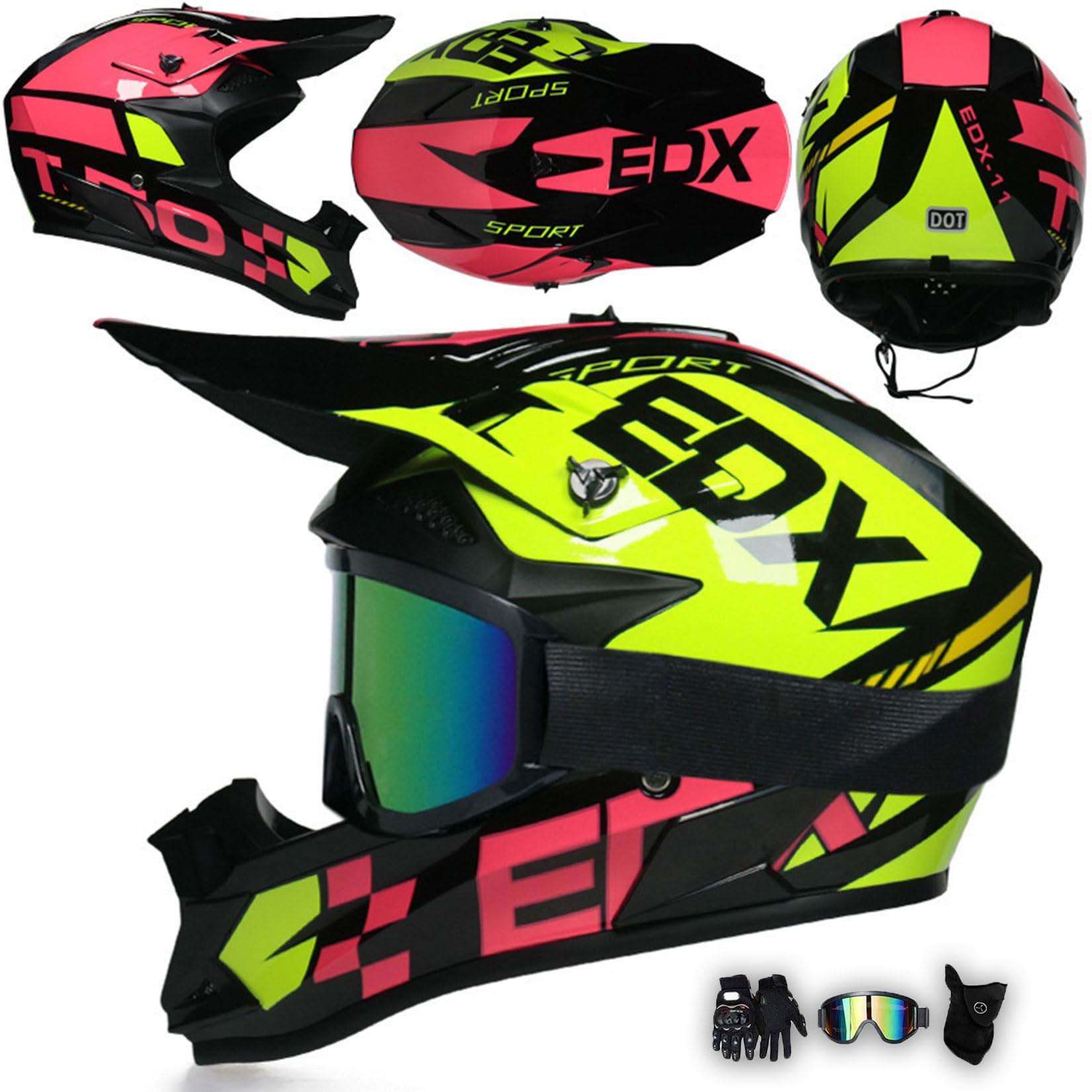 Modryer Green Atv Motocross Helmets Youth Kids Adult Mtb Off Road Motorbike Motorcycle Helmet With Goggles Gloves Mask, Bmx Enduro Downhill Quad Helmet Street Dirt Bike Crash Helmet,-M