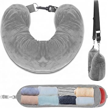 Stuffable Neck Pillow for Travel, U-Shaped Travel Pillow Storage Bag with Adjustable Straps and Clothes Storage for Extra Luggage, Plush Material Travel Essentials Grey