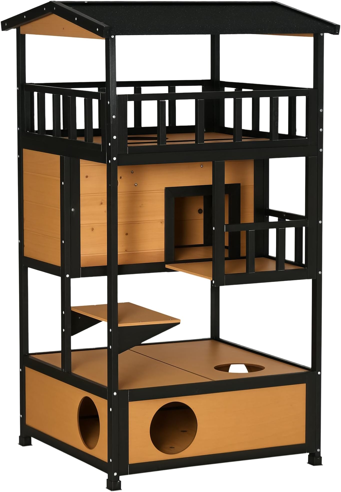Wooden Outdoor Cat House 3-Tier Kitten Shelter w/Tilted Roof Yellow