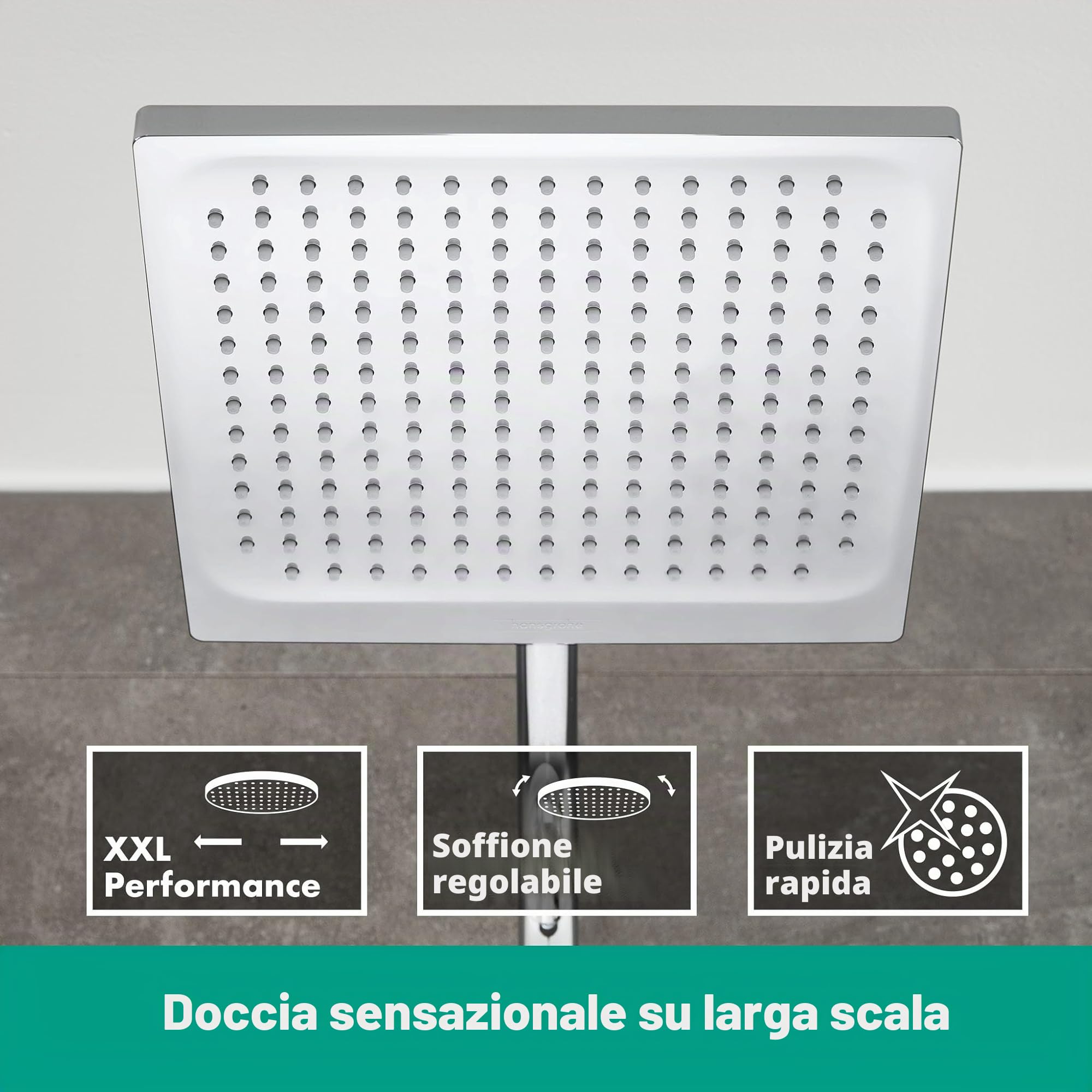 hansgrohe Crometta E - Colonna doccia a risparmio idrico (EcoSmart) con miscelatore termostatico, sistema doccia (240 x 240 mm) con rubinetto, doccetta, tubo, asta e soffione doccia, cromo, 27281000