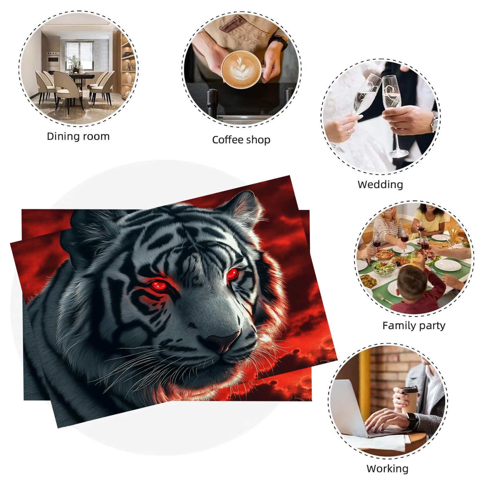 Set di 8 Tovagliette Americane Lavabili Cotone Lino Arte fantasy - Tovaglietta Americana Stoffa Resistenti al Calore Durevole Tigre bianca- per Colazione Pranzo
