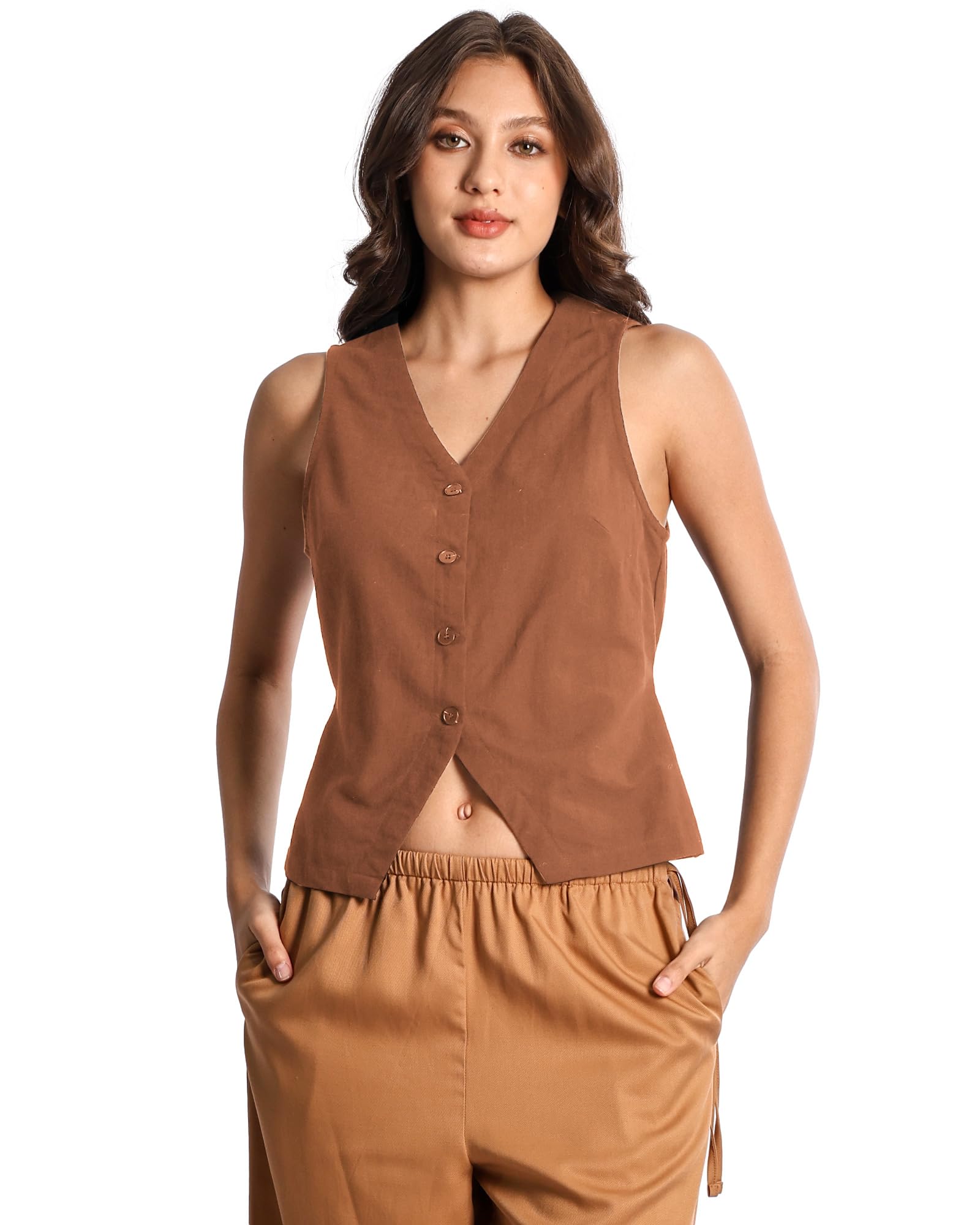 Womens Linen Cotton Vest Waist Tie V Neck Sleeveless Button Down Waistcoat Vest