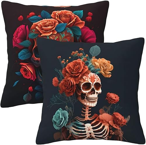 Juego de 2 fundas de almohada decorativas con diseño de calavera de azúcar de México, para habitación, dormitorio, sofá, silla, automóvil,