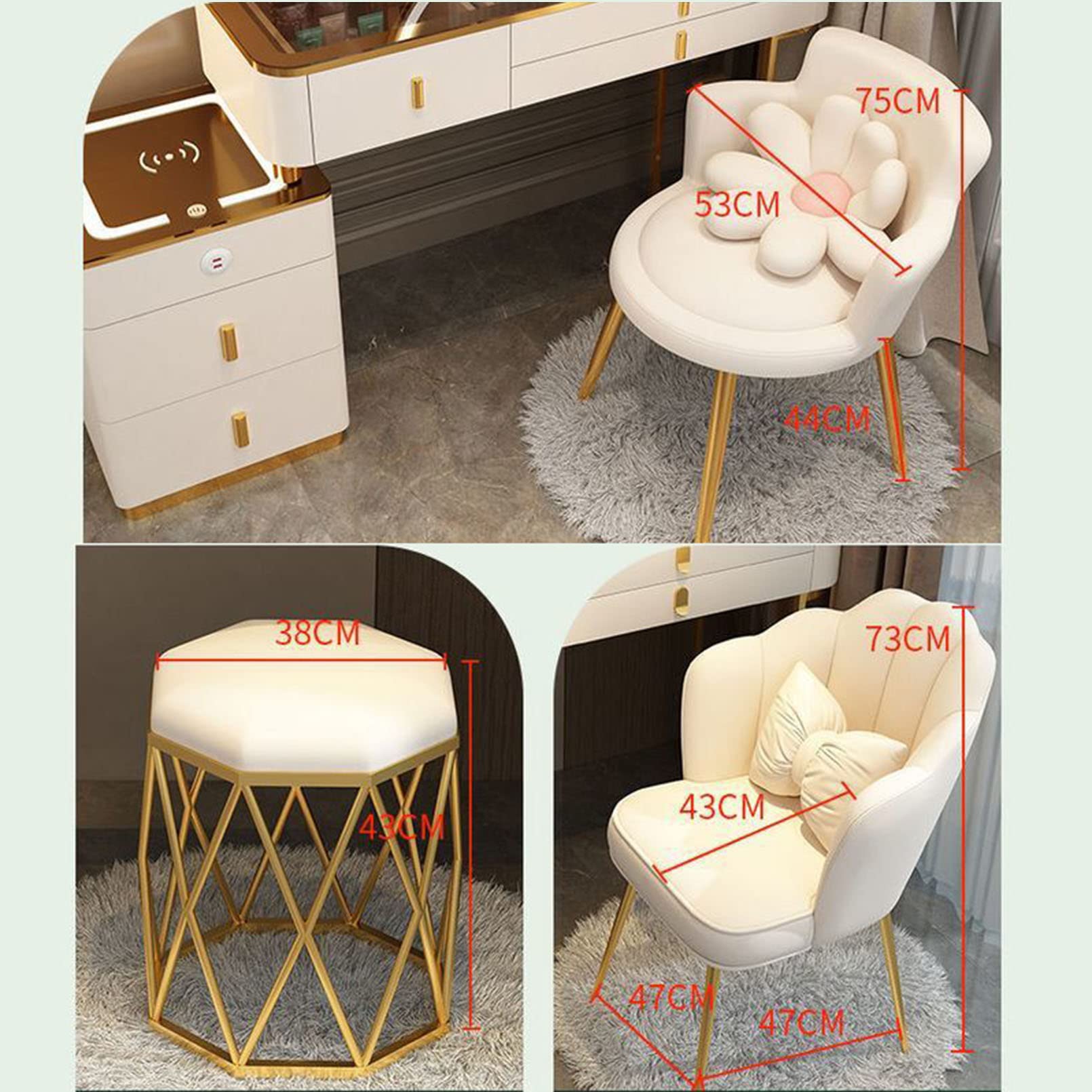 Mesa Vani de maquillaje con luz LED con bandeja transparente de 5 Ders Cushed Taburete recargable para mujeres y niñas - Juego de tocador Ele