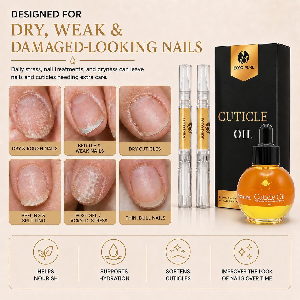 Cuticle Oil Set with Dropper Bottle (30ml) + 2 Cuticle Oil Pens (3ml Each) – Nail & Cuticle Moisturizing Oil for Dry Nails, At-Home Manicure Care, Travel-Friendly Nail Oil Kit