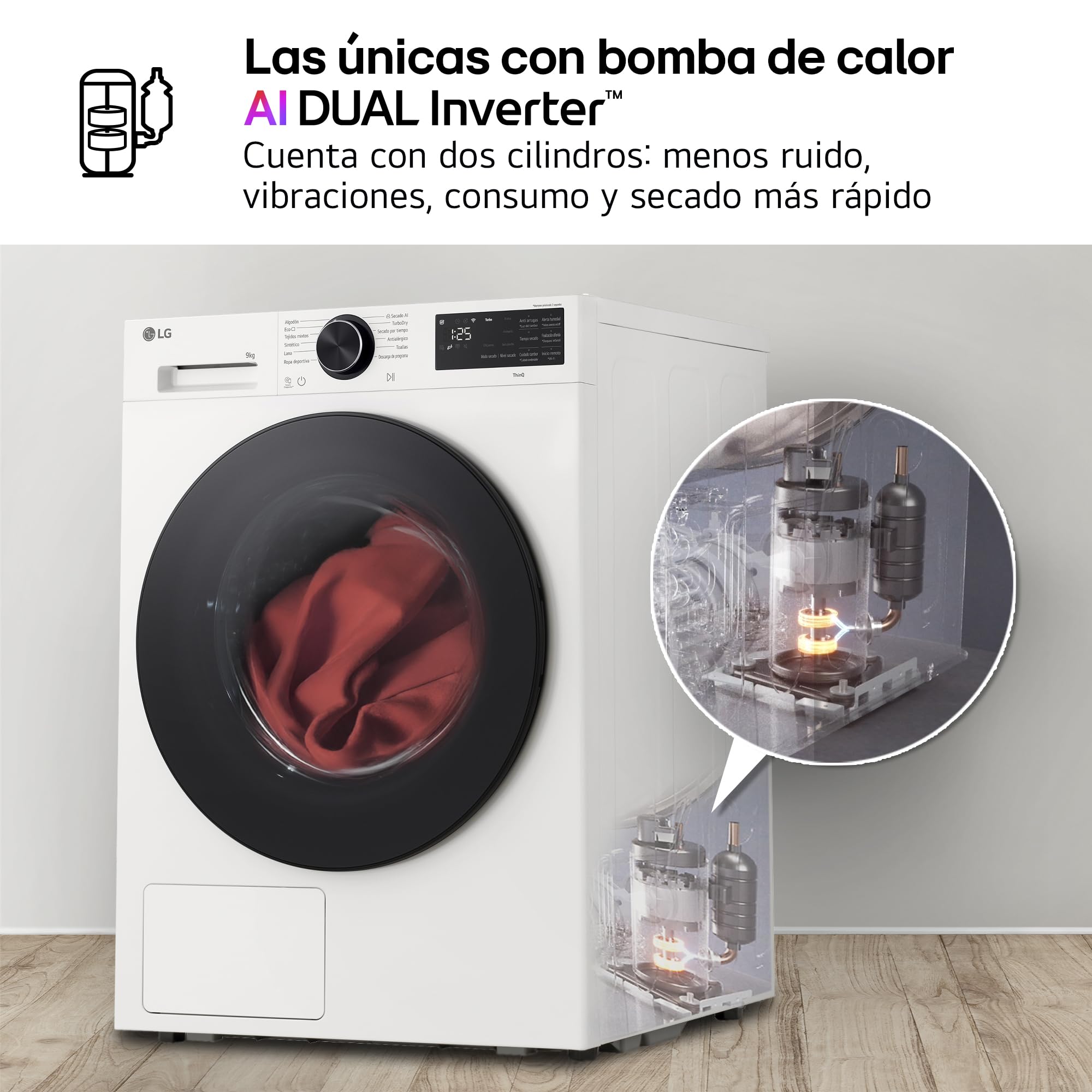 LG RHX5009TLB - Secadora con Inteligencia Artificial 9kg, Bomba de Calor Dual Inverter, Eficiencia Clase B, Serie 500, Tecnología AI Dry, Eco Hybrid, Conectividad Wi-Fi ThinQ, Blanco