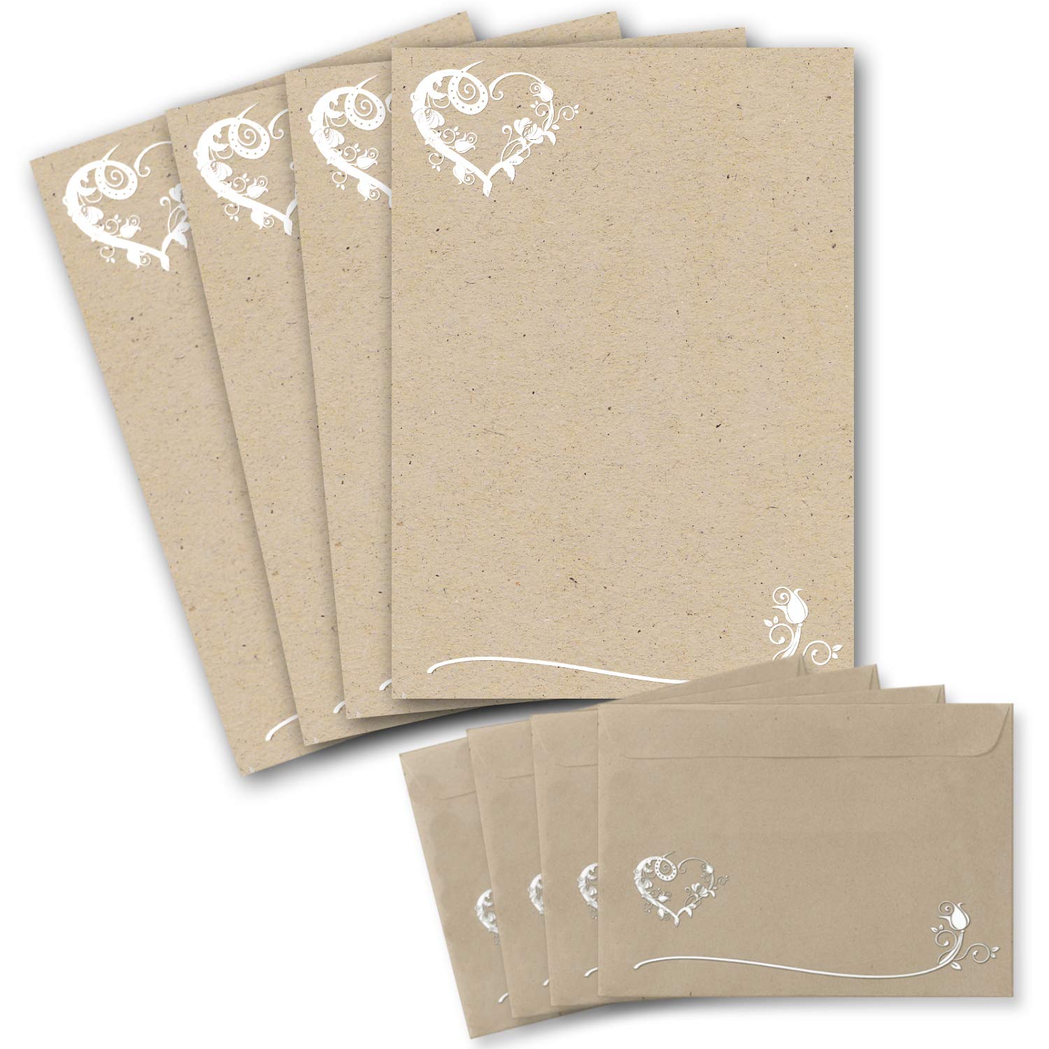 Zestaw 250 arkuszy papieru listowego DIN A4 z kwiatowym ornamentem w kształcie serca, wraz z kopertami DIN C6 w kolorze szarobrązowym (taupe); nadają się do drukowania, doskonałe do zaproszeń ślubnych
