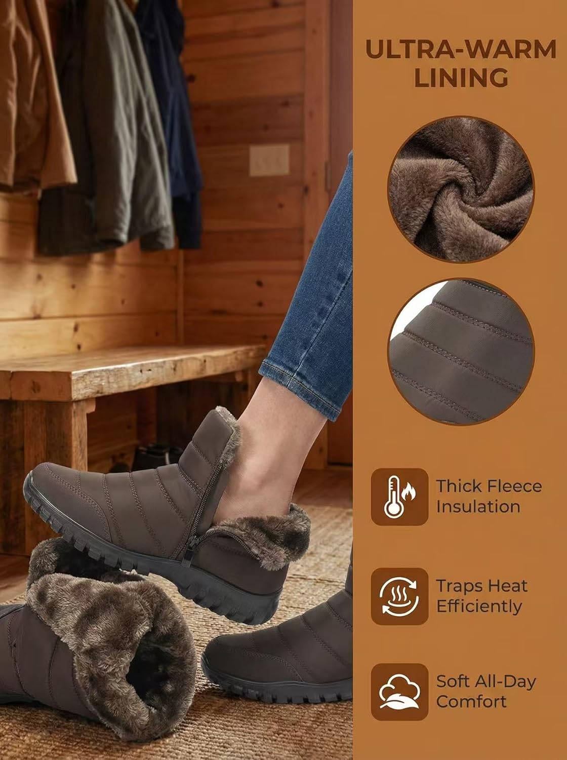 Men's Winter Snow Boots - Slip On Fur Lined Ankle Boots with Wide Toe Box & Anti-Slip Sole for Outdoor Cold Weather