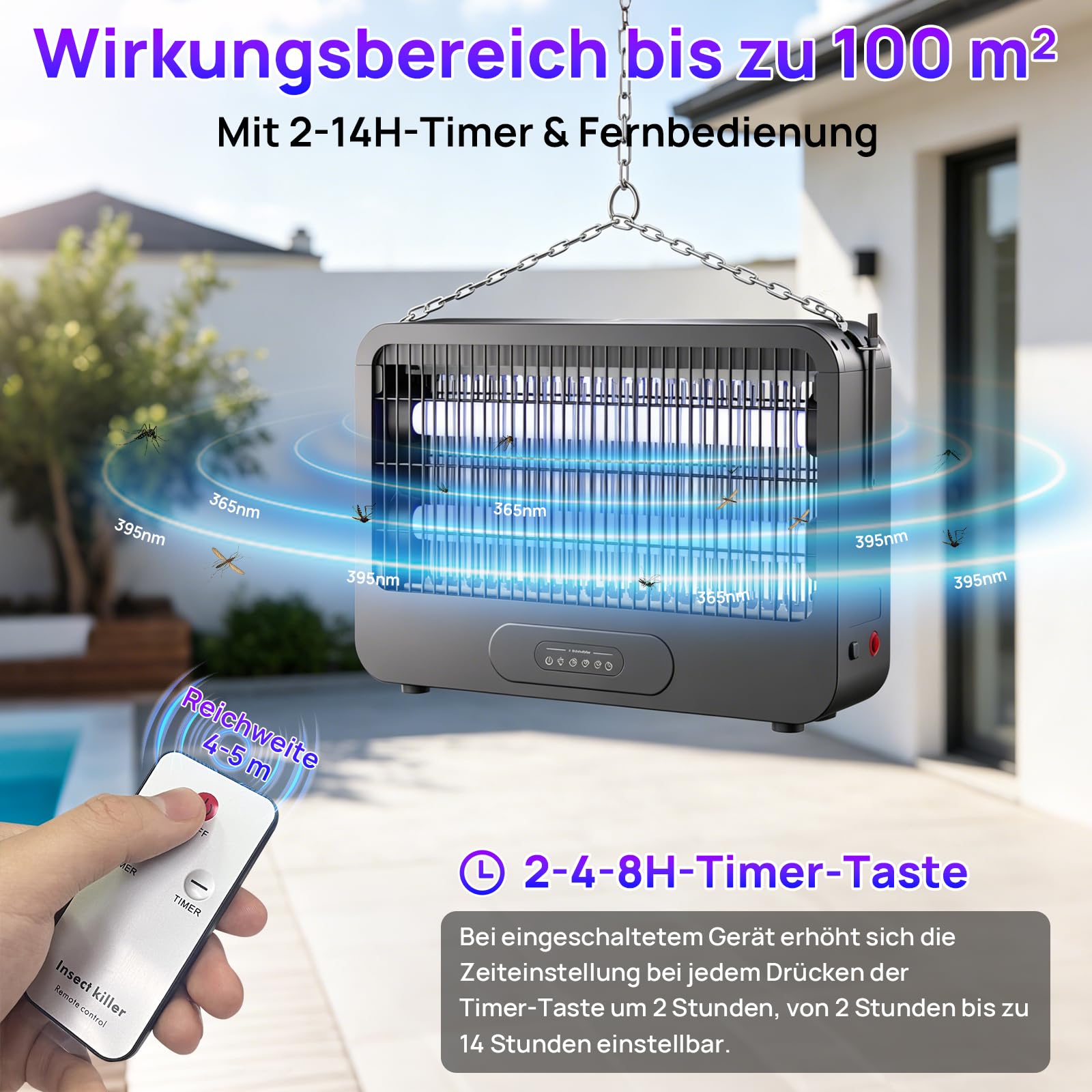 Elektrischer Insektenvernichter 20W 3500V UV elektrische Fliegenfalle & Fliegenfänger mit Fernbedienung und Timer, Insektenfalle Mückenlampe für Innen, Küche, Wohnzimmer und Garten, 2 Ersatz-UV-Lampen