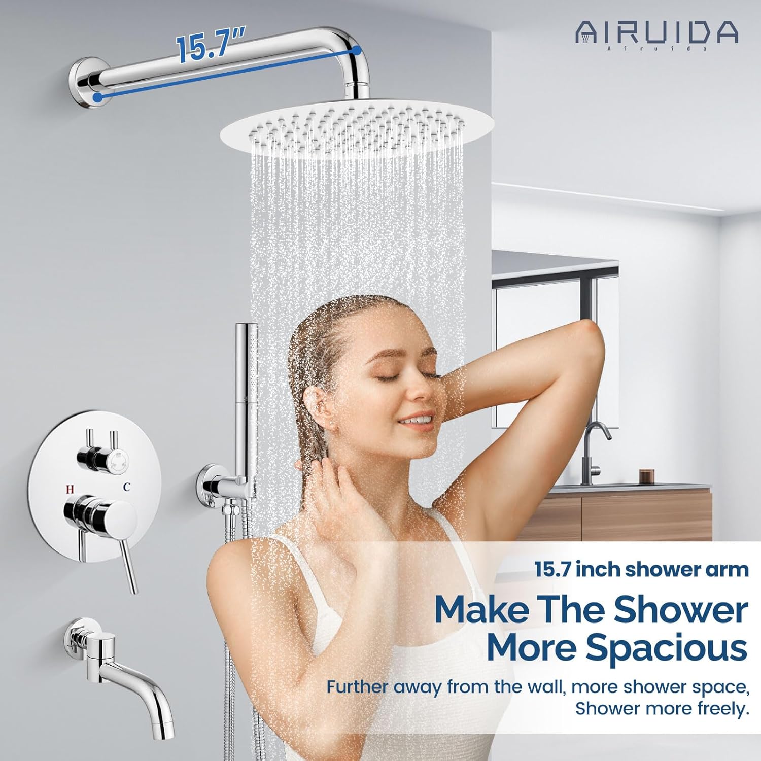 Airuida Shower System with Tub Spout – Wall Mount 3-Function Tub and Shower Faucet Combo,10-Inch Round Rainfall Showerhead,Handheld Shower & Rotatable Tub Spout,Rough-In Valve,Chrome Polish
