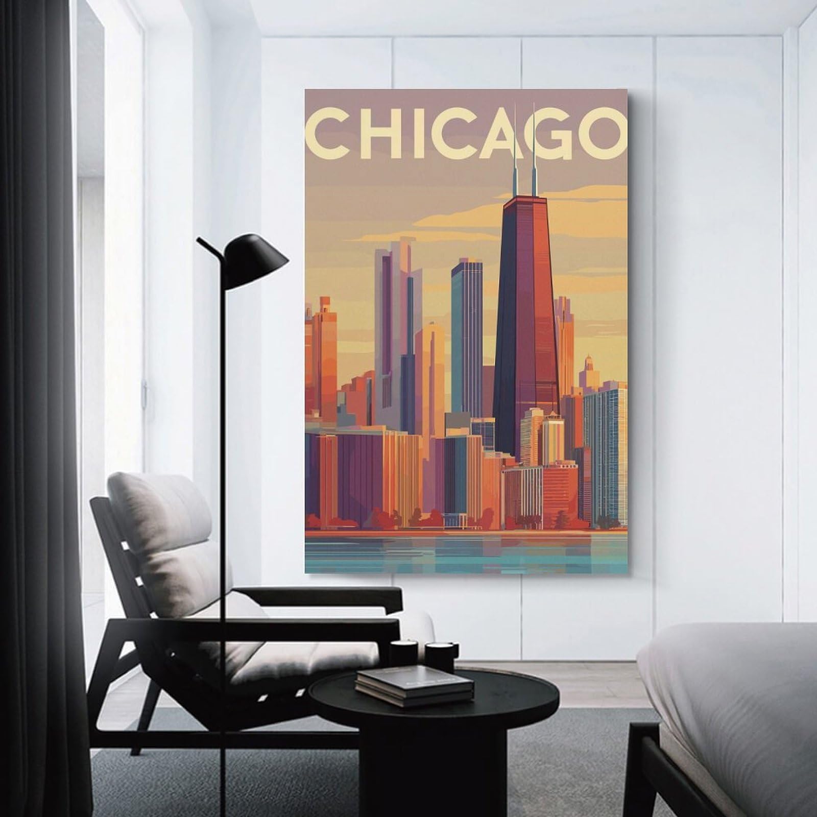 Junmoney Chicago Skyline Illustration(2) Room Decor Wall Art, 24x36inch(60x90cm), for Bedroom Walls, Guest Spaces Or Lounges, Stylish Decor for A Restful Room Update