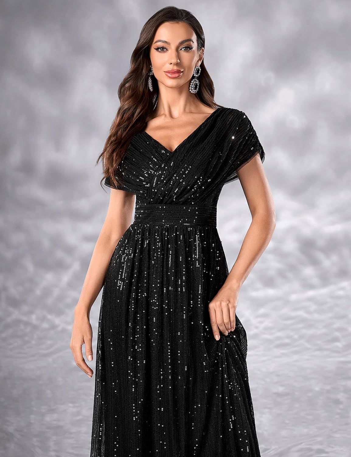 Women's Sequin V-Neck Short Sleeve A-Line Evening Dress Elegant Evening Dresses Party Gowns - Image 5