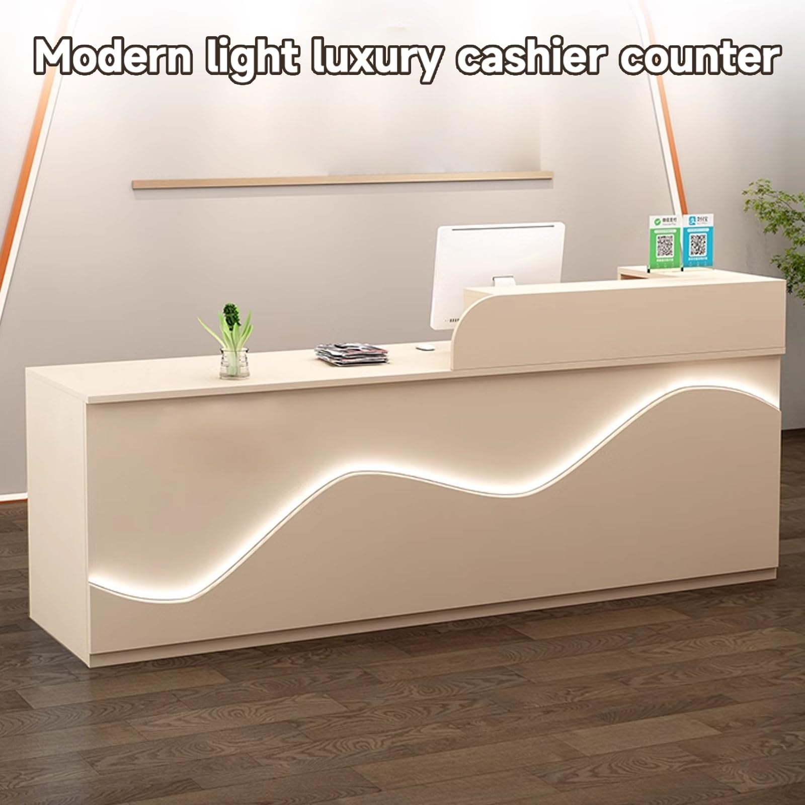 Moderno ufficio reception scrivania con luci LED, ampio spazio di archiviazione, finitura crema, 130 cm, ideale per aziende, hotel e spazi di lavoro