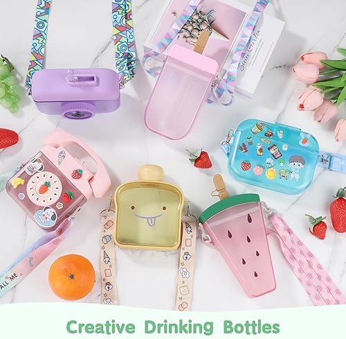 Miniatura 3 de DIMEGON 6 botellas de agua de plástico a prueba de fugas con correas ajustables, botellas creativas con pajitas para la escuela, campamento, viajes,