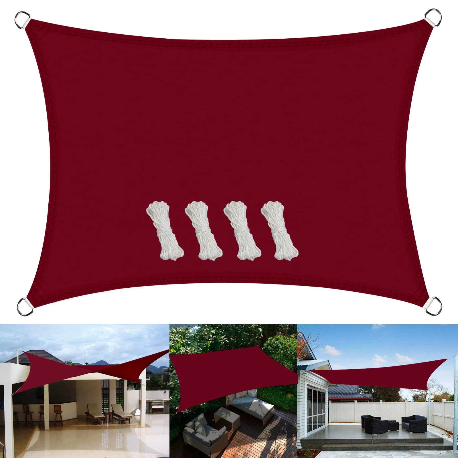 Prostokątny Parasol Przeciwsłoneczny 2 x 6.5 m Baldachim Ogrodowy, Baldachim Ogrodowy Pod Kątem Prostym, Poliester PES Łatwa instalacja na patio ogrodowe bezpłatną liną, Czerwone wino