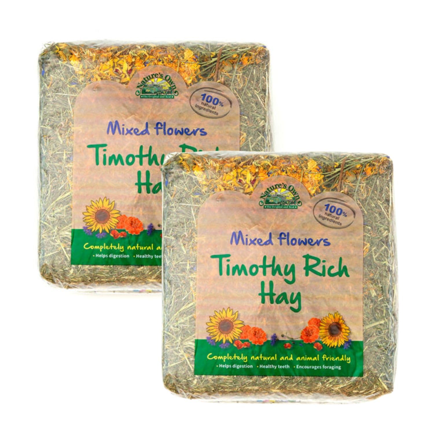 Nature's Own Timothy Hay With Mixed Flowers Animal Pet Natural Feed - Dust Extracted - For Rabbit Guinea Pig Chinchilla Hamster & Small Animals - 2 x 1kg