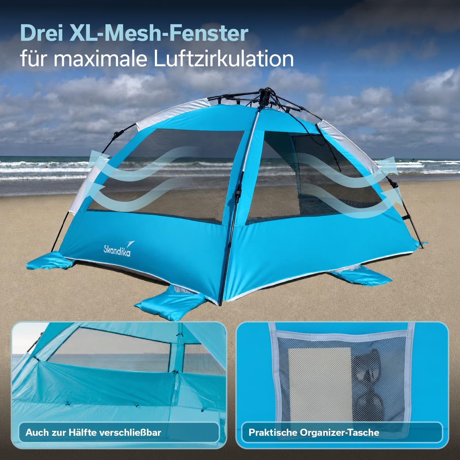 Skandika Strandmuschel Skal Quick-Start Strandzelt UV-Schutz 80+ 360° Mesh-Panoramafenster Windschutz Sonnenschutz Sichtschutz Quick-Up Sandheringe