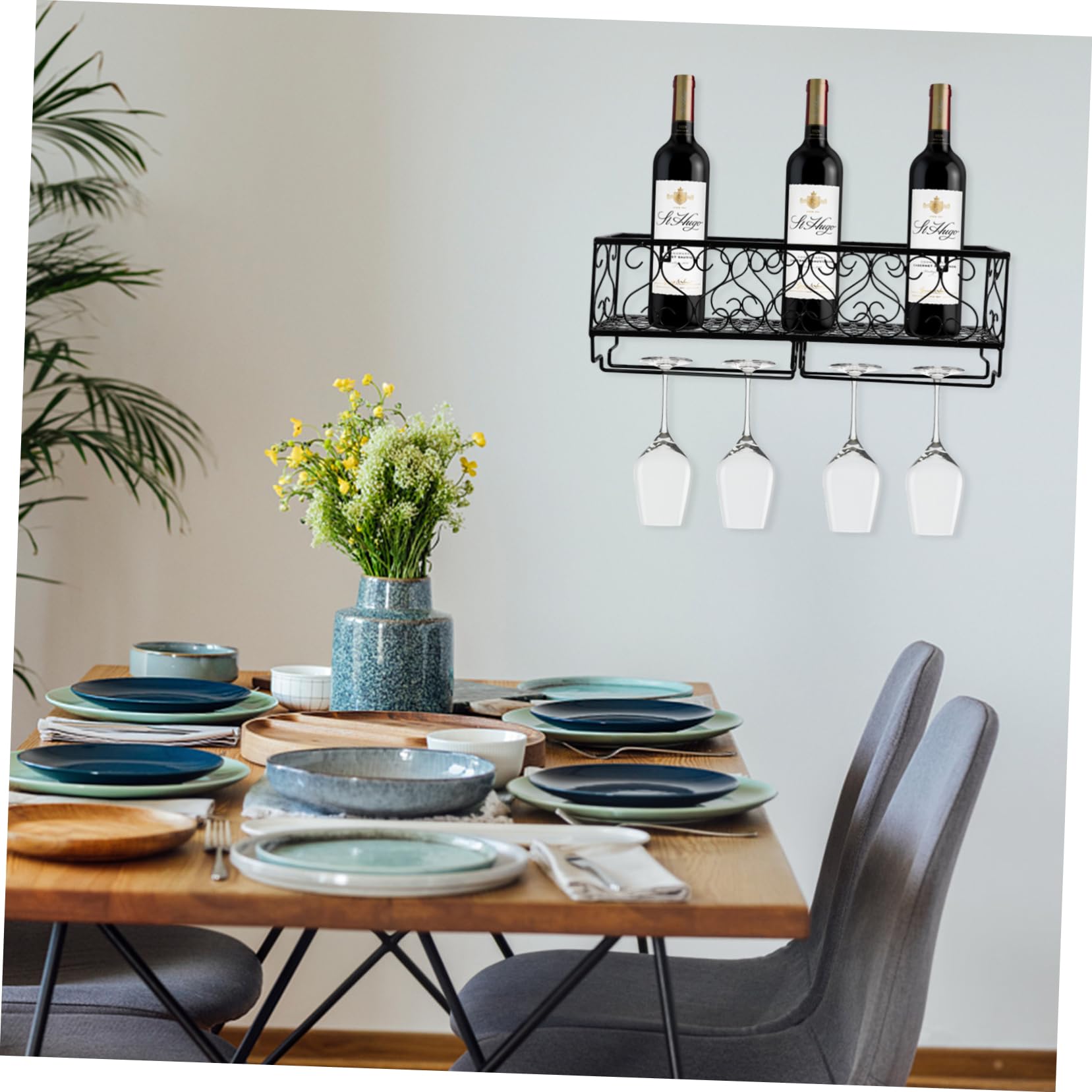 Mikinona 1Pc Wall Mounted Wine Rack Iron Wine Bottle Holder with Electroplating Cup Storage Vintage Style Glasses Rack for Home Sturdy Design for Wine Bottles Cups