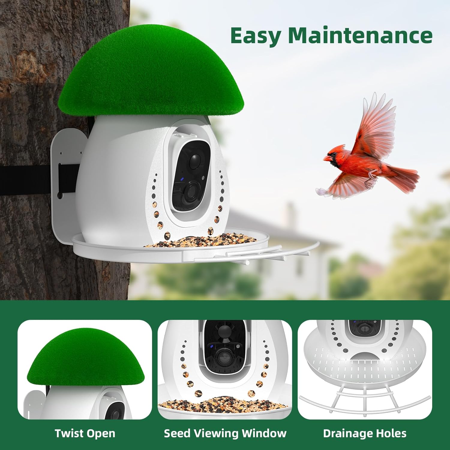 Smart Bird Feeder with Camera,Solar Powered Metal Bird Feeders for Outdoors,1.7L Large Capacity,Auto Capture & AI Identify,2K HD Live Video,Real-Time Notifications,Ideal Gifts for Bird Lovers