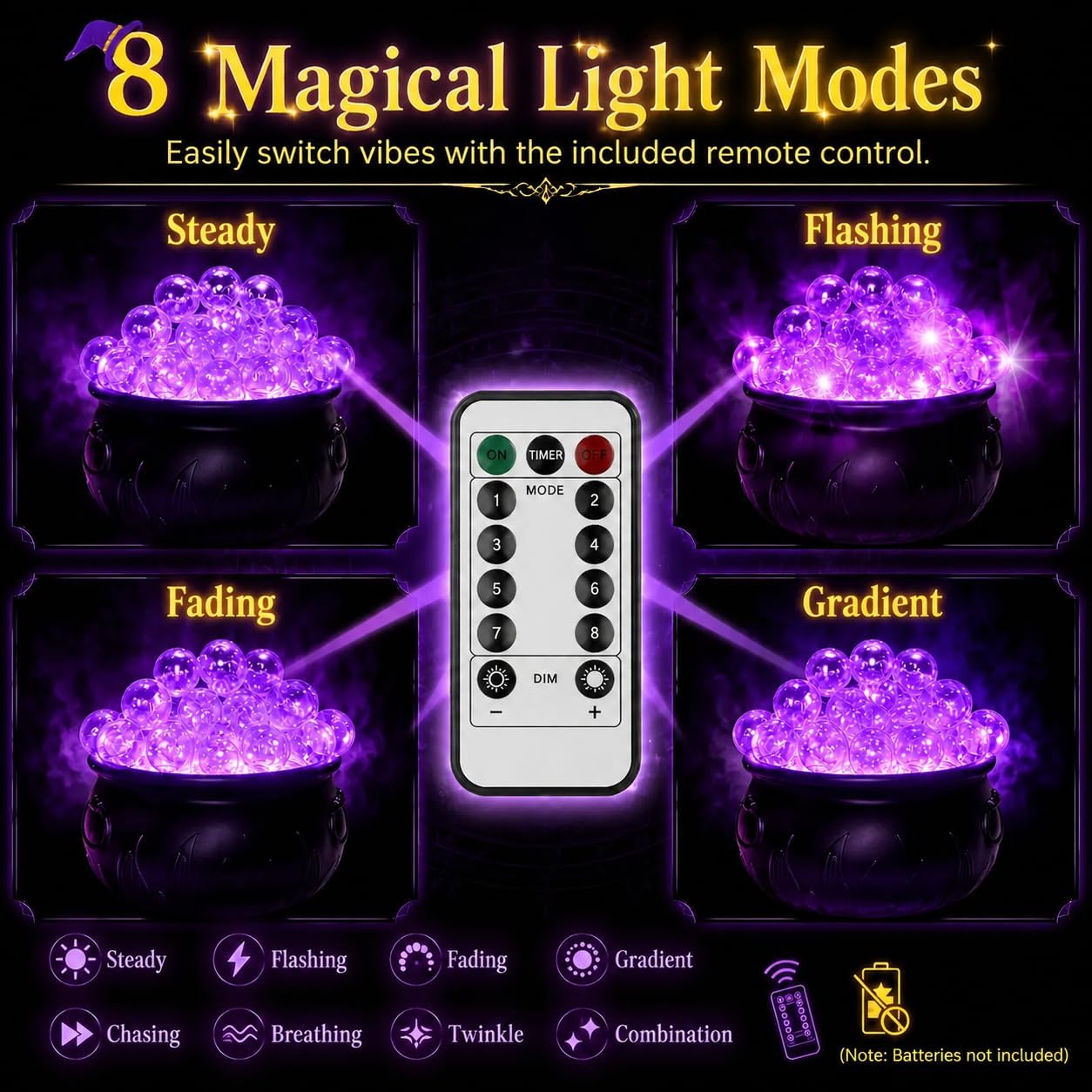 Halloween Cauldron Decor Indoor - Witches Bubbling Cauldron Kit w/ 30 LED Purple Lights, 40 Orbs & Cotton - Vintage Hocus Pocus Theme, Wireless Remote, 8 Light Modes