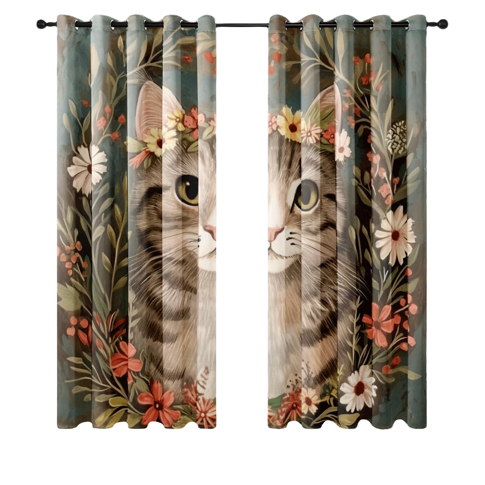 Curtain Retro Grün Braun Vorhang mit Ösen Verdunkelungsvorhänge Polyester Gardinen Waschbar Blackout Curtain Living Room Vorhänge mit Ösen Schlafzimmer Verdunklungsvorhang Thermogardine 2x140x160cm