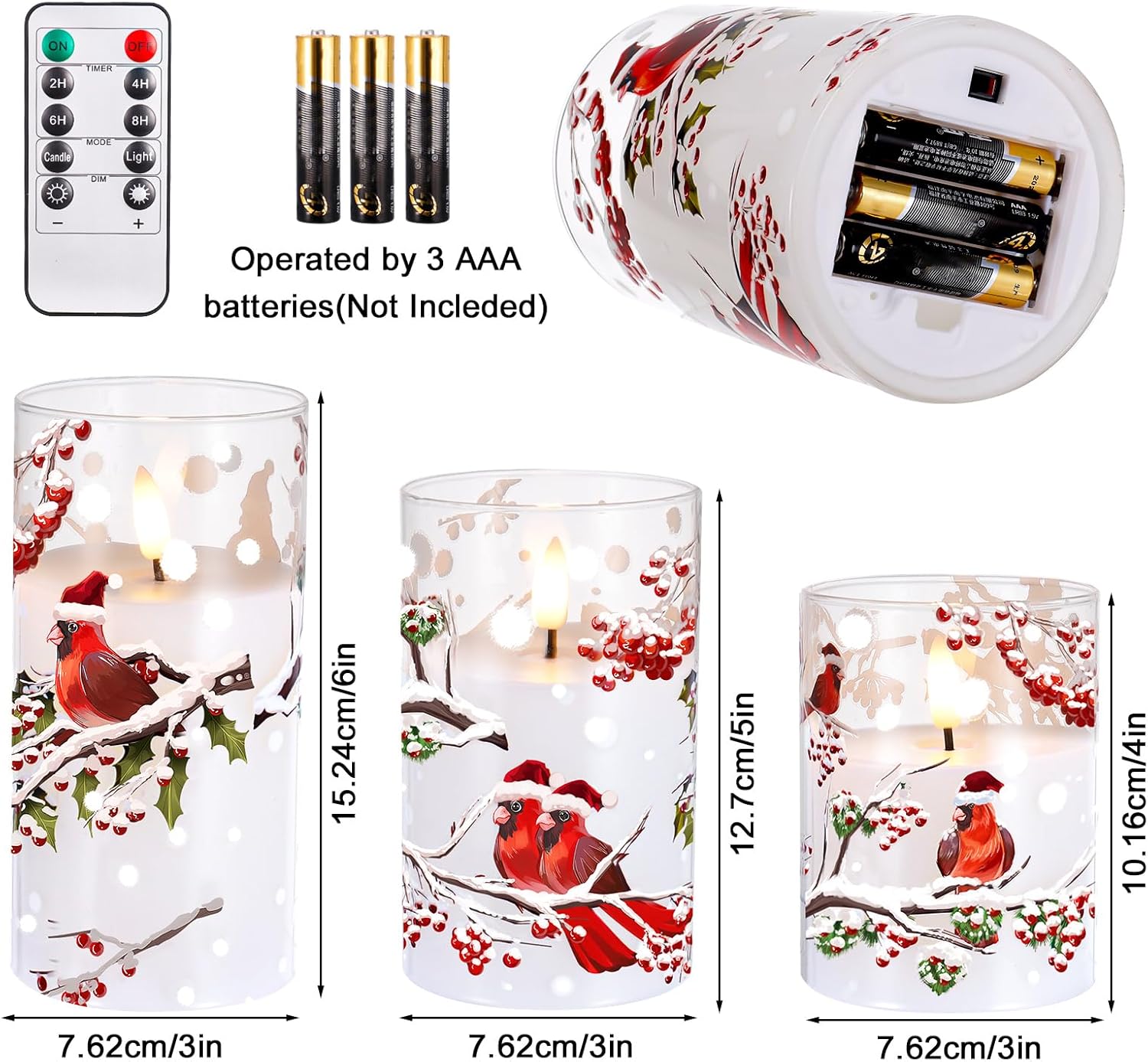 3 Pack Red Bird Glass Flameless Candles, Christmas Battery Operated LED Candles with Remote Timers, Realistic Wax Pillar Candles for Xmas Bedroom Home Decor Table Ornament (3”x4”5”6”) - Image 4