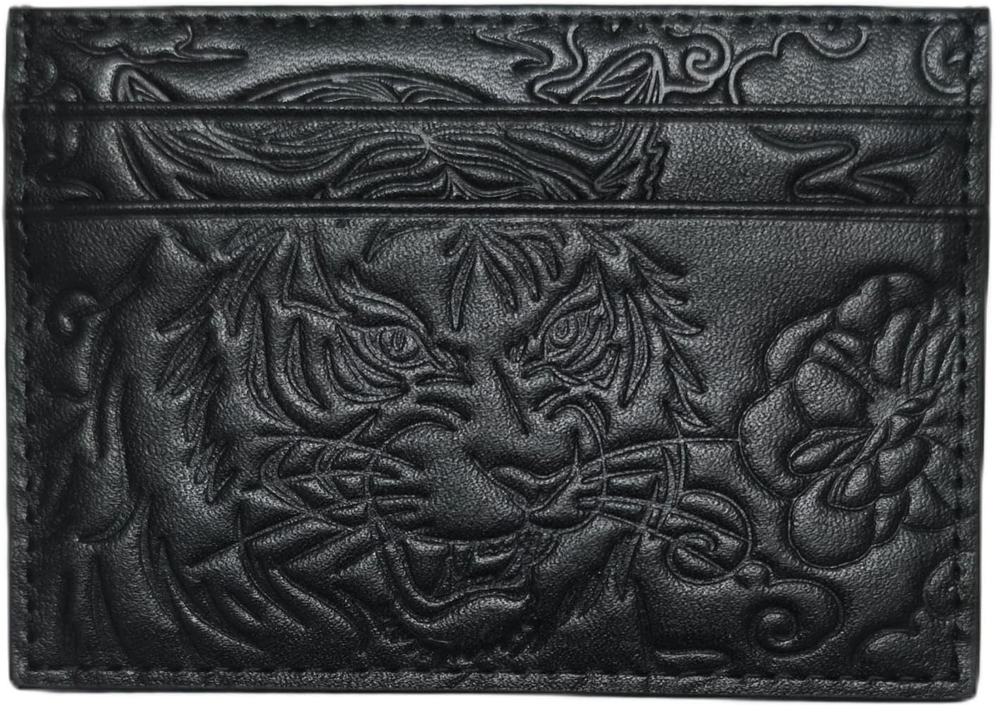Avery's Boutique Genuine Leather Slim Card Holder – Minimalist Unisex Wallet with Elegant Embossed Pattern, RFID Blocking Card Holder for Men & Women (Le Tigre, Noir)