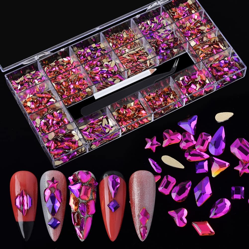 Nail Rhinestones Kit - 1000Pcs/Box Multi Shapes Glass Crystal Diamond Flatback Professional Art Decorations DIY Craft With Picker, Purple