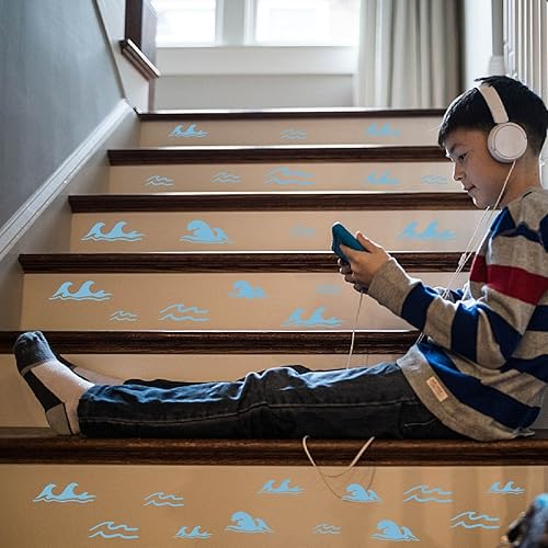 Miniatura 4 de 62 calcomanías de pared con ondas azules del océano, calcomanías de pared de vinilo removibles para bañera con ondas de agua para baño, sala de