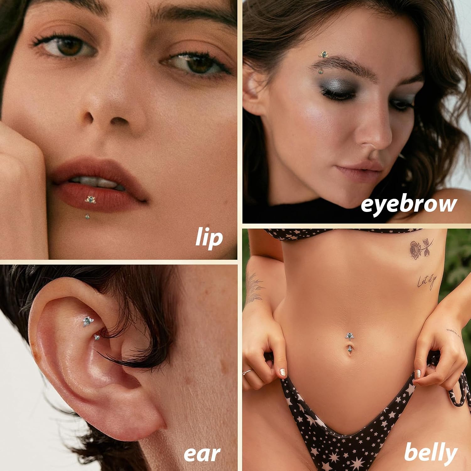 PEAKLINK Moss Agate Eyebrow Ring 16G Rook Daith Tragus Helix Piercing Titanium Internal Threaded Curved Barbell Vertical Labret Lip Jewelry Belly Button Ring