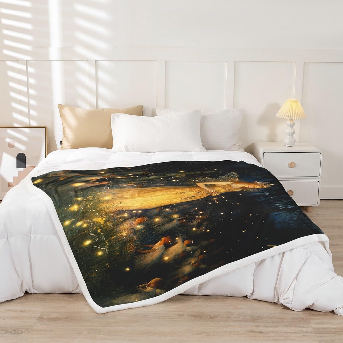 Butterfly Fairy Flannel Blanket,Firefly Animal Trees Grass Print Fuzzy Blanket for Children Present,Natural Princess Oil Painting Polyester Throw Blanket for Couch, Twin Size (60 x 80 Inch)