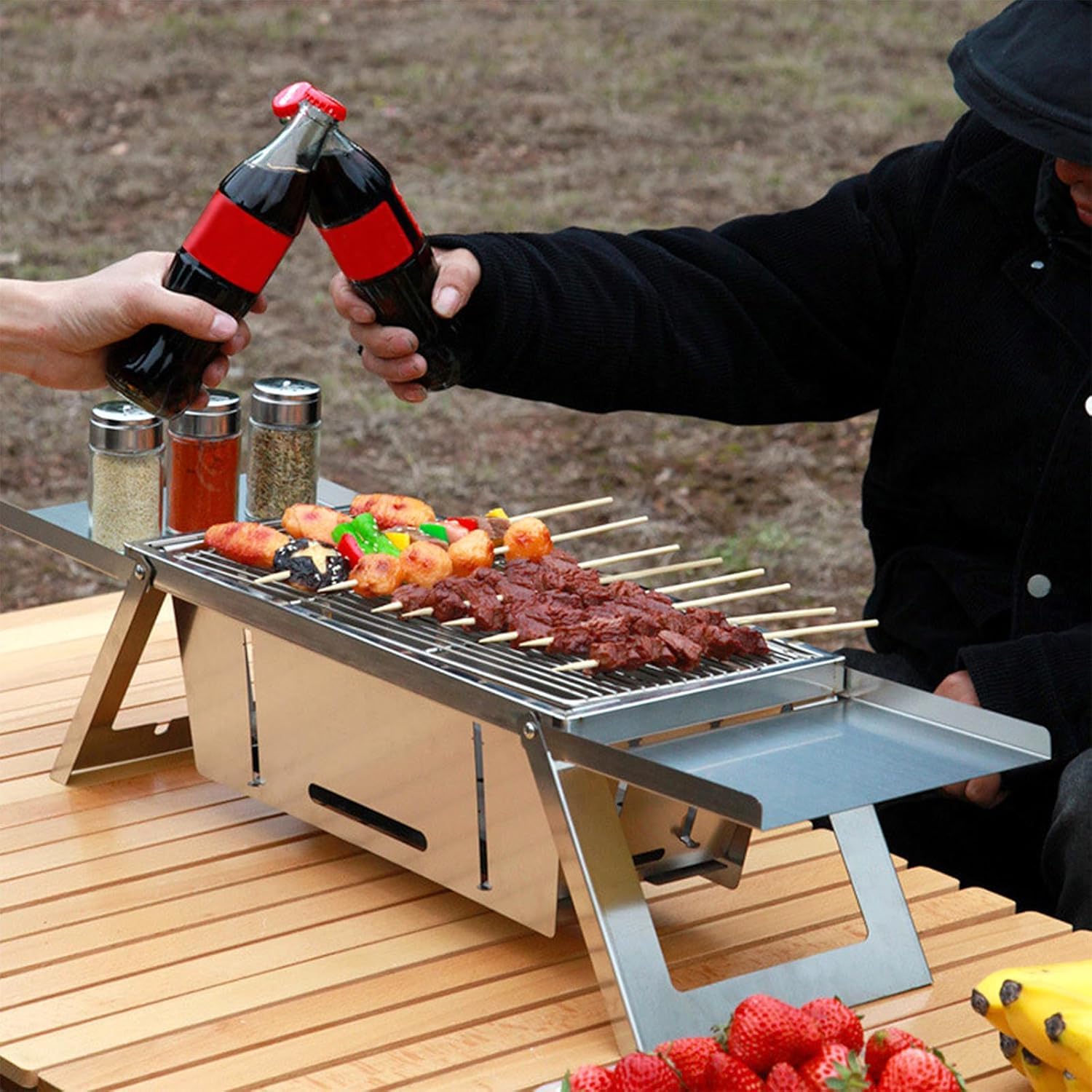 Barbecue au charbon de bois, portable, pliable, en acier inoxydable, mini barbecue réglable pour l'extérieur, le camping, la terrasse, le barbecue, les fêtes - Argenté (17,13" x 8,86" x 1,57")
