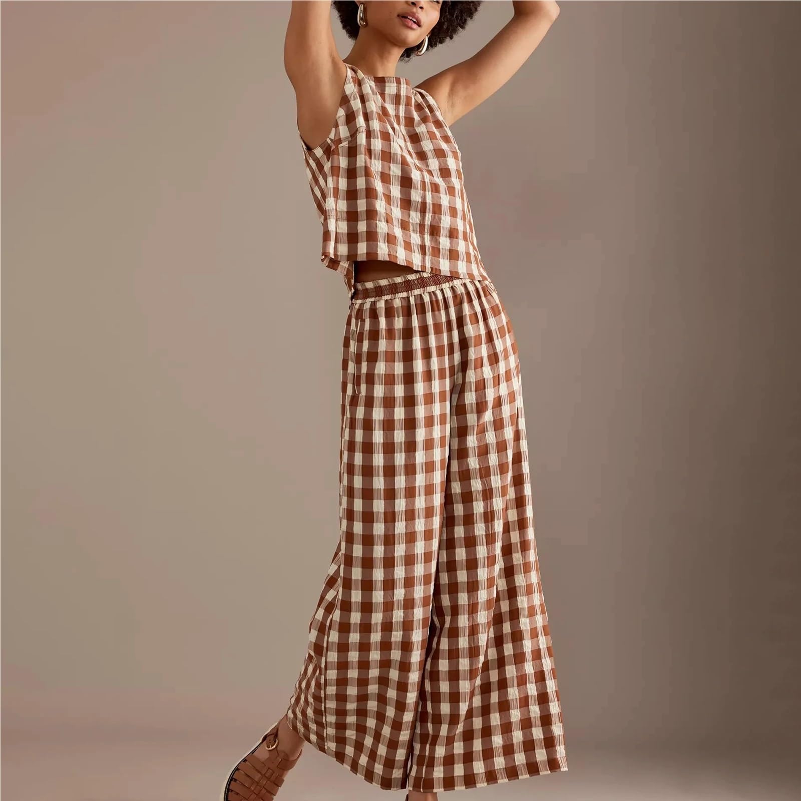 2 Teiler Damen Sommer 2-teilige Lounge-Hosen-Sets for Damen, kariertes Print-Outfit, ärmelloses Tanktop, Baggy-Hosenanzüge mit weitem Bein