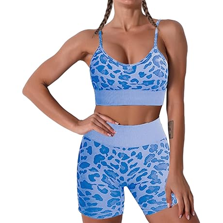 JNINTH Women Seamless Cheetah Print Yoga Set 2 Piece Workout Sport Bra...
