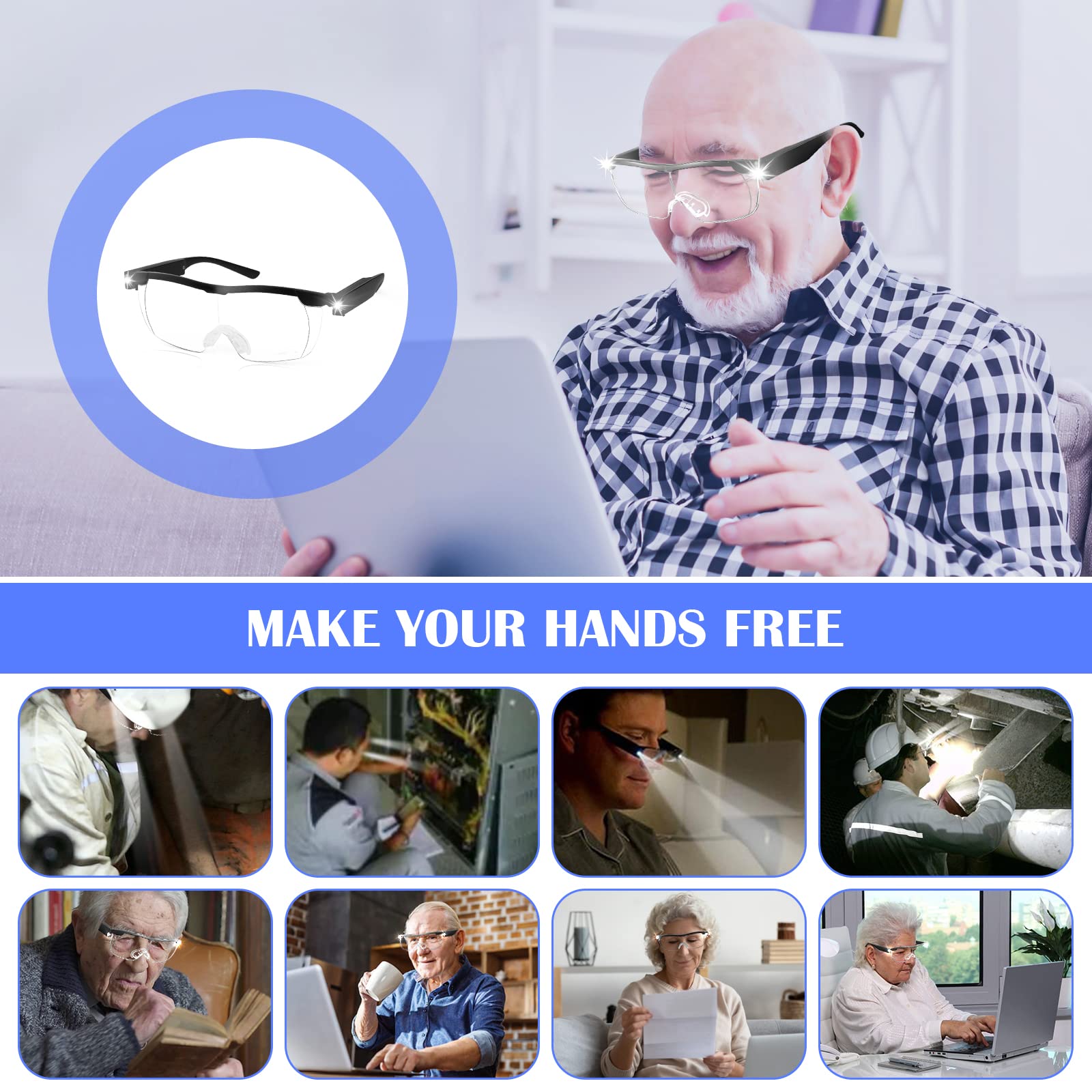 Magnifying Glasses with Lights, 160% LED Reading Wearable Glasses, Hands Free Rechargeable Lighted Magnifier Eyeglasses for Hobbies, Reading, Close Work, Crafts, Jewellers (Black) - Image 3