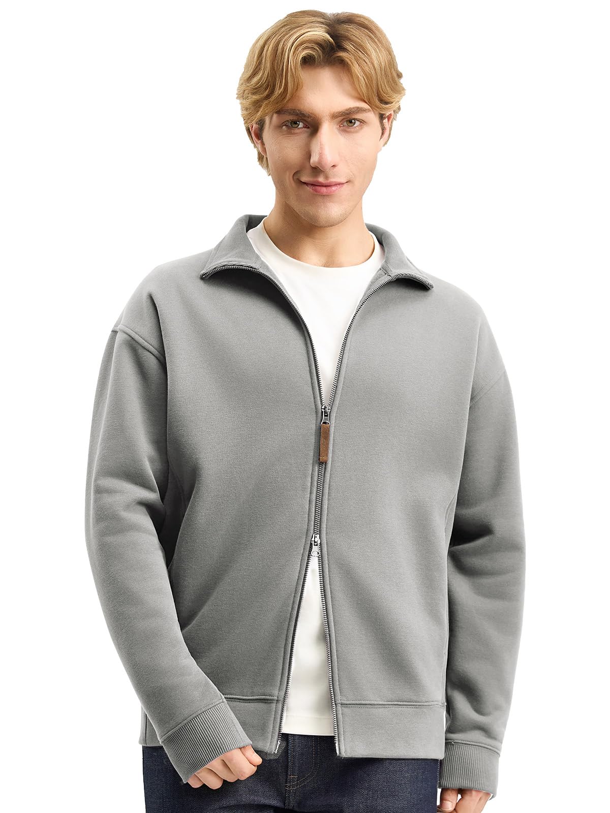 Mega Tshop Two-Way Zip Up Sweatshirt Stand Collar Fleece Jacket | 350 GSM Cotton Blend Fabric, Warm Fleece, Heavyweight, Mock Neck, Zipper, Slant Pockets, Comfy, Unisex, XS-4XL, for Men Women