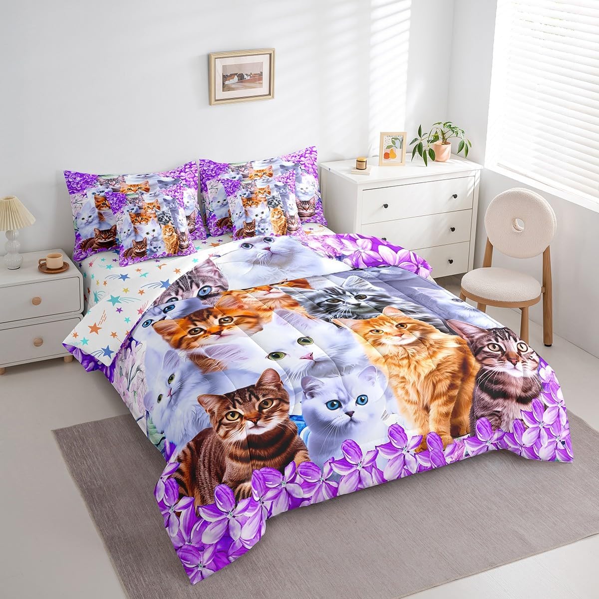 Feelyou Floral Cat 7 Piece Bedding Set with Sheets Queen Size Purple Cat Comforter Set with Sheets for Kids Teens Girls Bed Set Kawaii Animals Cute Decor Bedroom Soft and Lightweight(Reversible Stars)