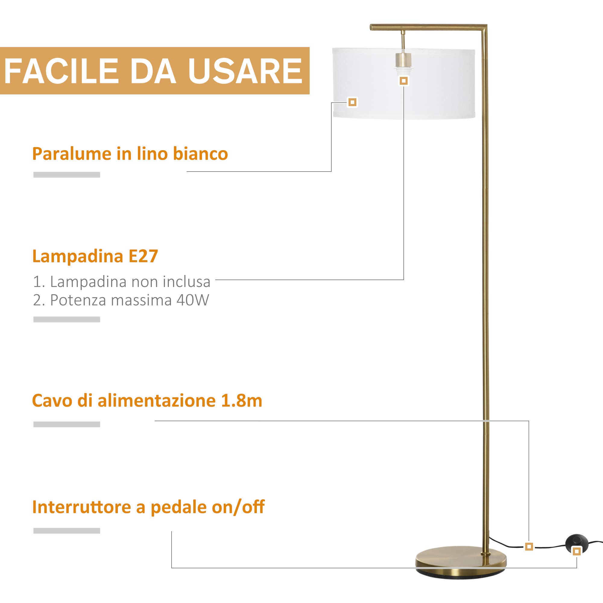 HOMCOM Lampada da Terra Moderna in Metallo E27 47x37x153cm Oro e Bianco | Paralume in Tessuto, Lampada da Lettura