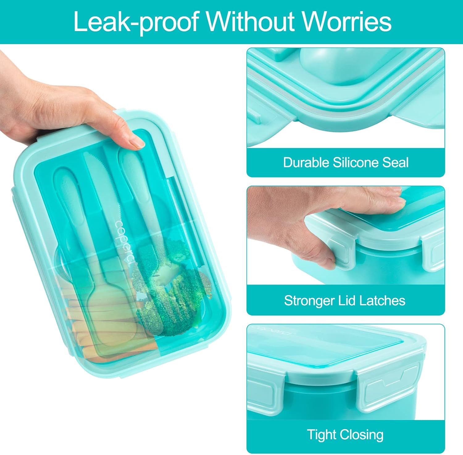 Caperci Classic Bento Box Adult Lunch Box for Older Kids - Leakpoof 47 oz 3-Compartment Lunch Containers for Adults and Teens, Built-in Utensil Set, Ideal for On-the-Go Balanced Eating, Aqua - Image 3