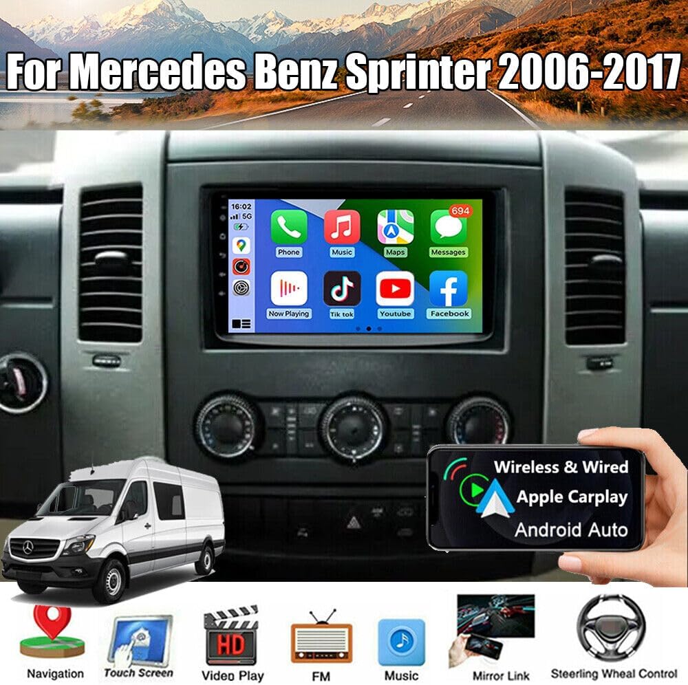 Surakey Car Stereo Radio installed in a Mercedes Benz Sprinter dashboard, displaying a modern app interface.