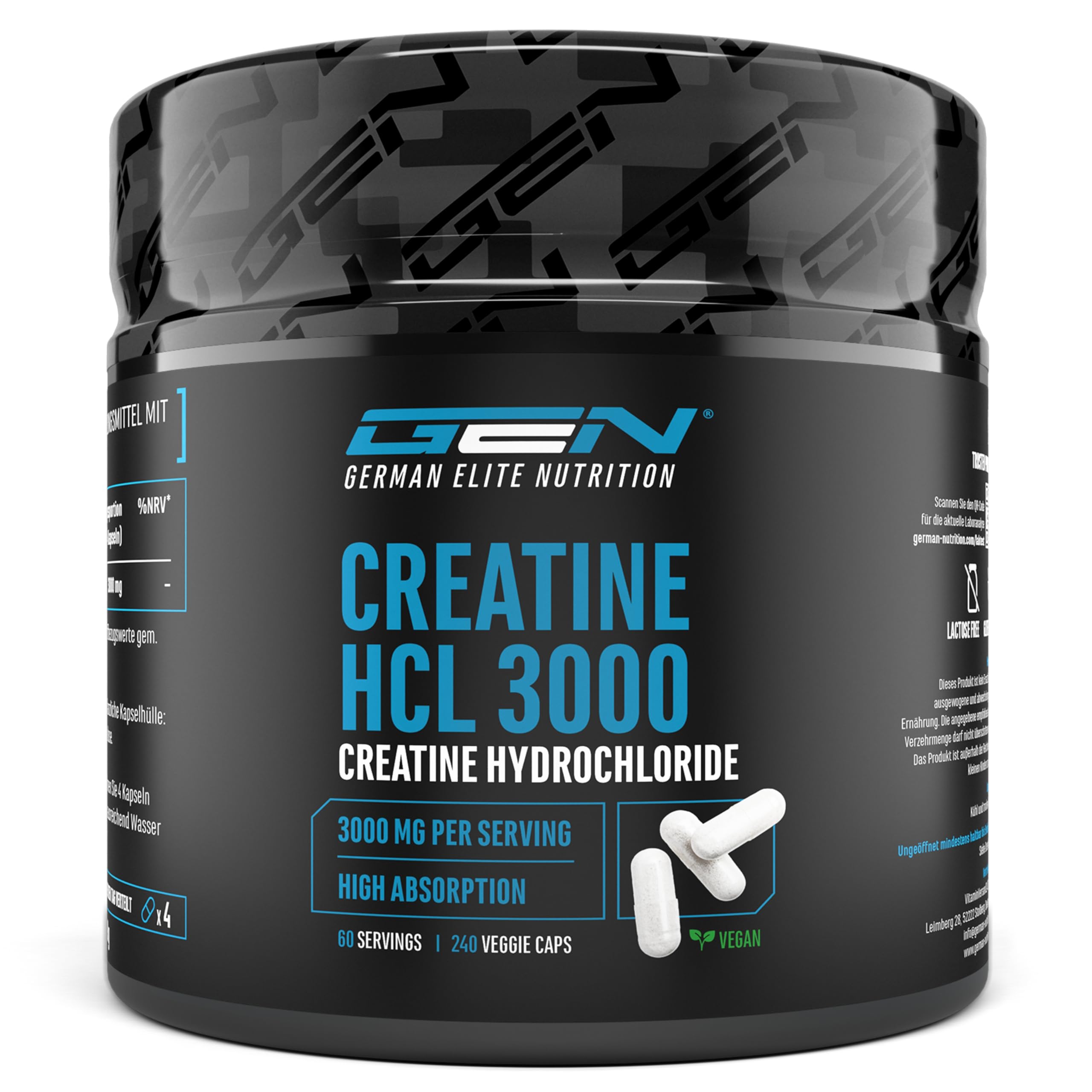 Creatina HCL - 240 capsule vegane - Dosaggio elevato di 3000 mg - Creatina cloridrato pura - Assorbimento elevato - Alto livello di qualità.