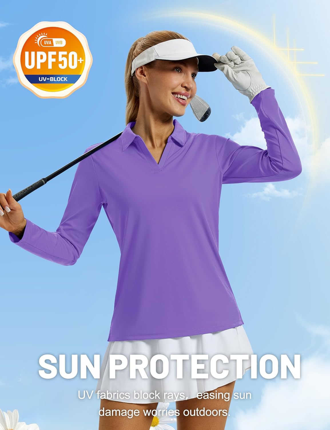 MAGCOMSEN Women's Polo Shirts Long Sleeve Golf Polo V Neck Workout Tops UPF 50+ Quick Dry Tennis Athletic Shirts