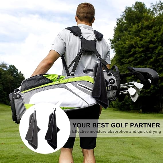 2 Pcs Golf Towels Absorbent Cleaning Towels Multifunction Towels with Carabiner for Golf Bags Fitness Sport Outdoor Yoga(2 Colors), Black