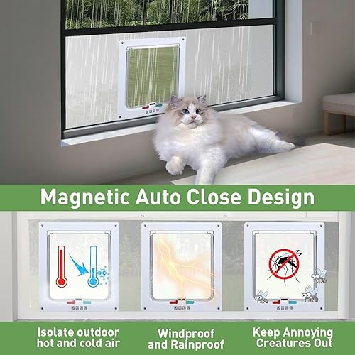 Miniatura 4 de Puerta de gato para ventana, ventana de seguridad para gatos con bloqueo de 4 vías, inserto de ventana de puerta de gato apto para mascotas,