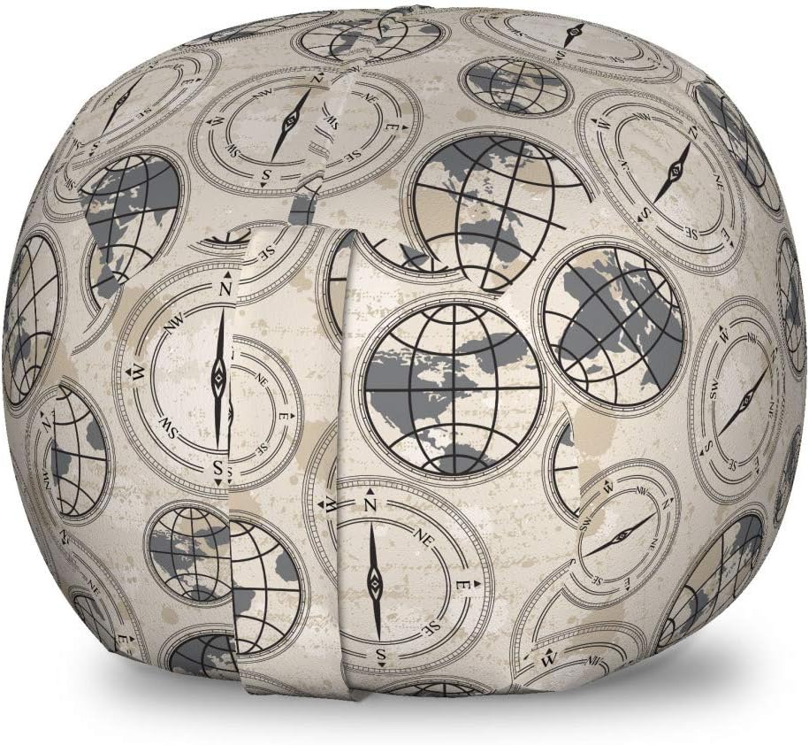 Ambesonne Compass Storage Toy Bag Chair, World Map Pattern with Aged Background Maritime Directions Continents, Stuffed Animal Organizer Washable Bag, Small Size, Black Grey Tan