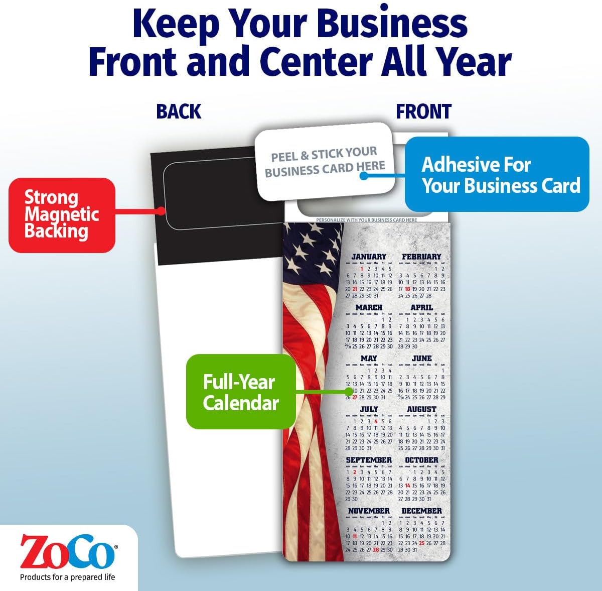 2026 American Flag Calendar Magnet - 300 Quantity - Peel & Stick Business Card - Fridge Magnet - Promotional Item, Business Advertising Product, Patriotic Handout
