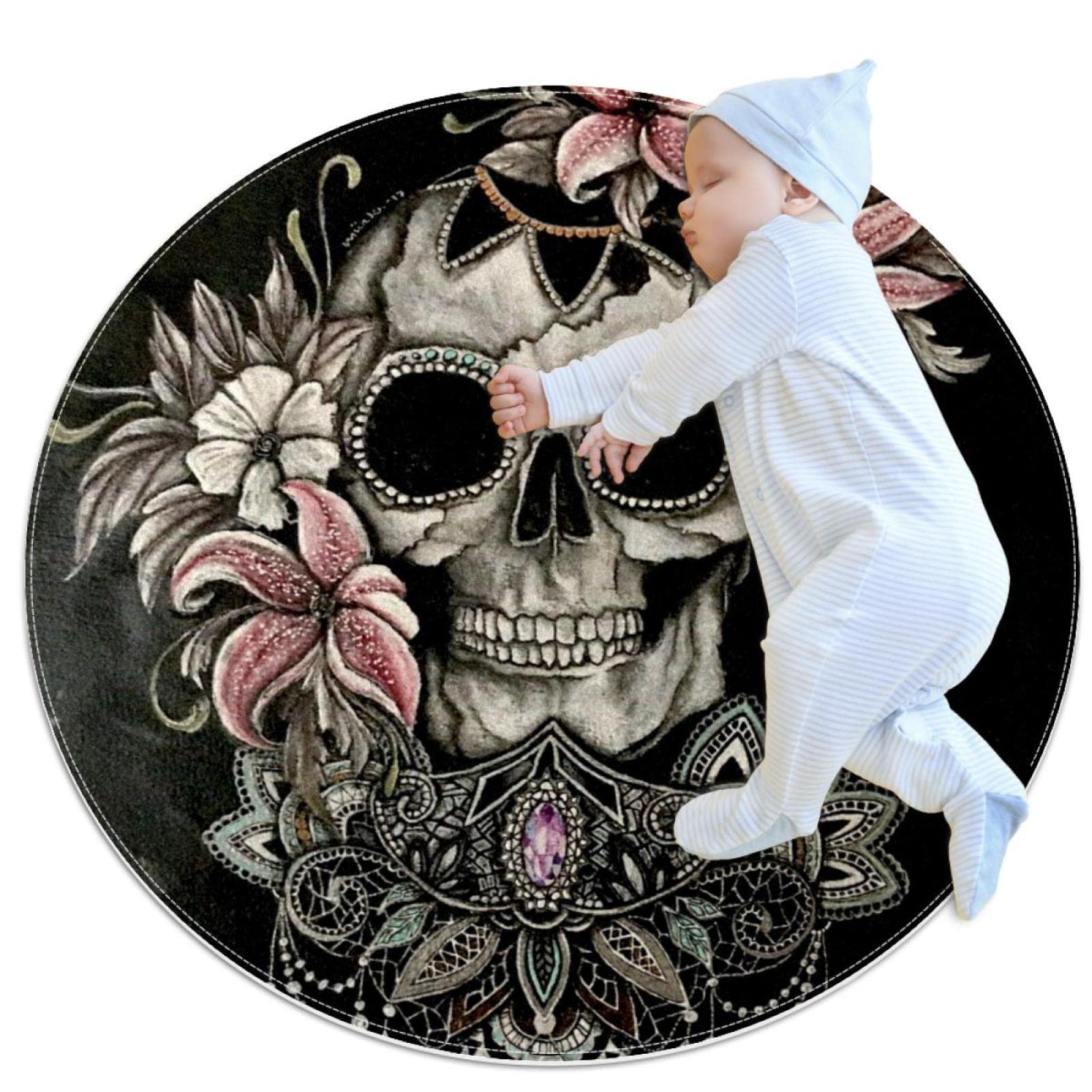 Tapis de salle de bain antidérapant tête de mort vaudou rond 1m pour chambre enfant