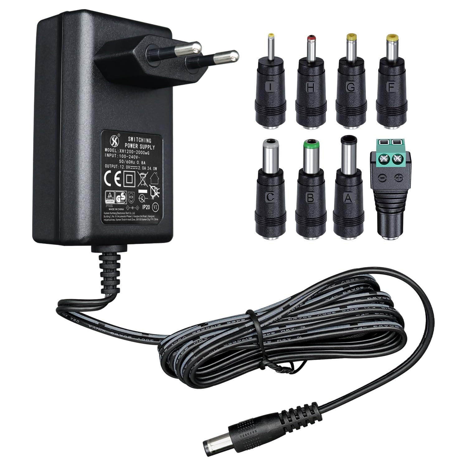 Zasilacz 12 V, 2 A, 1,8 m, adapter przełącznika AC DC (wejście 100-240 V, wyjście 12 V 2A), gniazdo transformatora do montażu na ścianie z 8 wymiennymi gniazdami, certyfikat CE